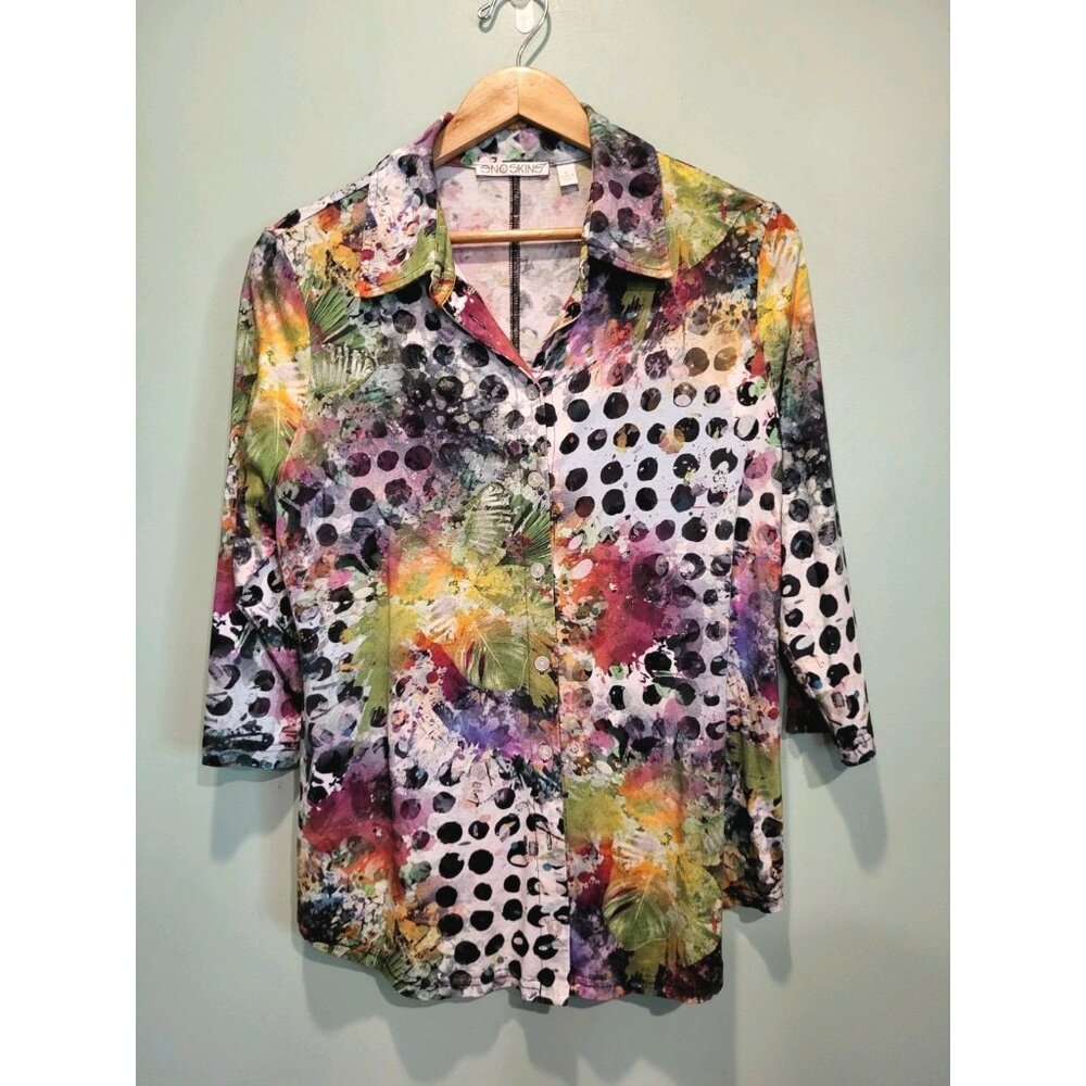 Sno Skins Multicolor Multi Pattern 3/4 Sleeve Stretchy Button Up Top Sz L